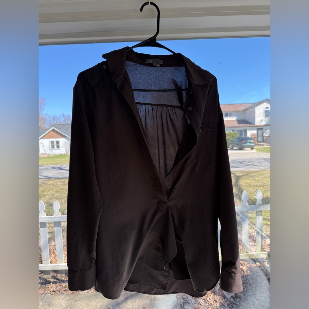 Vince Chocolate Brown Long Sleeve Button-Front Blouse